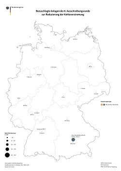 Bezuschlagte Anlagen der sechsten Runde der Kohlestilllegungsausschreibungen auf einer Deutschlandkarte Bezuschlagte Anlagen der sechsten Runde der Kohlestilllegungsausschreibungen auf einer Deutschlandkarte