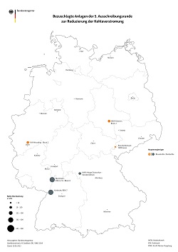 Bezuschlagte Anlagen der vierten Runde der Kohlestilllegungsausschreibungen auf einer Deutschlandkarte Bezuschlagte Anlagen der vierten Runde der Kohlestilllegungsausschreibungen auf einer Deutschlandkarte